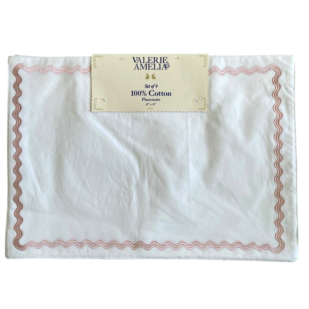 VALERIE AMELIA White Pink Ric Rack Trim Cotton Placemats 13x19 Set of 4 NEW